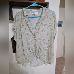 Pink Rose Floral Button Down Shirt - Light Green
